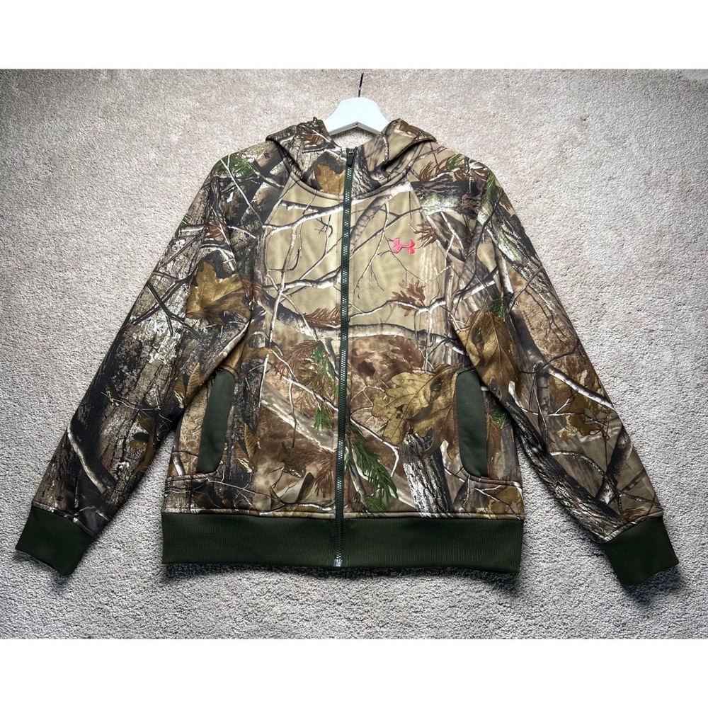 Under‎ Armour Coldgear Camo Full Zip Hoodie Jacket Pink Logo RealTree Med Loose